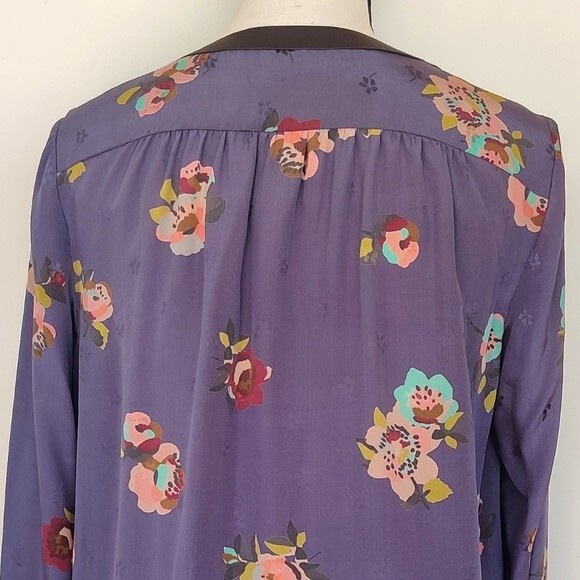Rebecca Taylor Purple Silk Floral Shirt Long Sleeve Size 10 - Picture 7 of 11